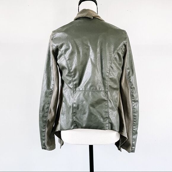Blank NYC Olive Green Drape Wrap Front Mixed Media Faux Leather Jacket Sz XS - Picture 4 of 10